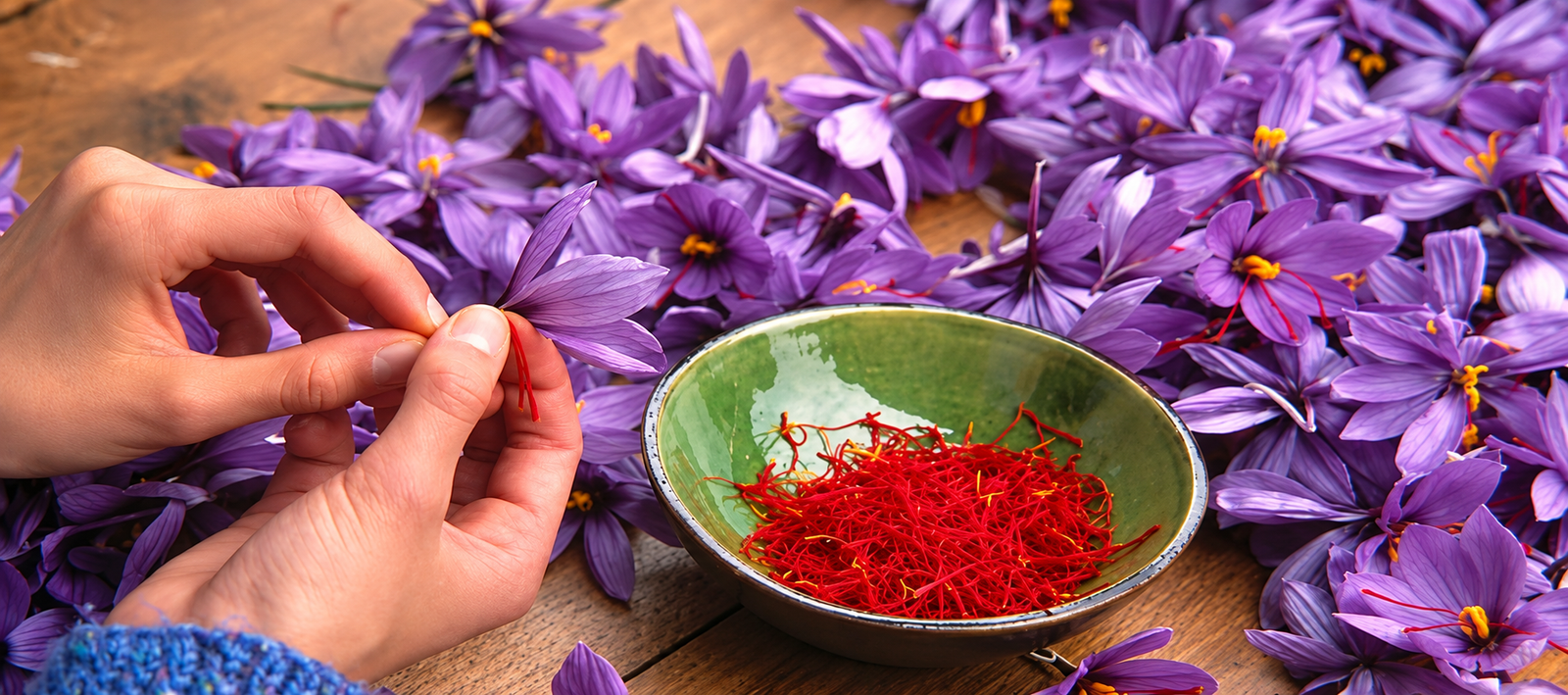 Hand harvesting saffron crocus flowers