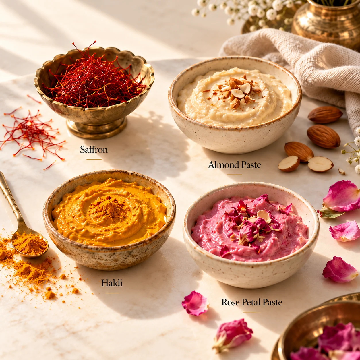 Saffron, almond paste, haldi and rose petal paste